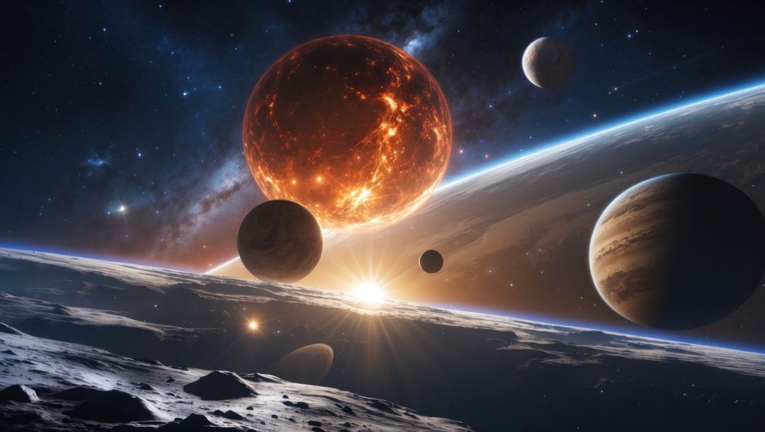 Galactic Wonders: Planets Align Above Rocky Terrain with Fiery Star