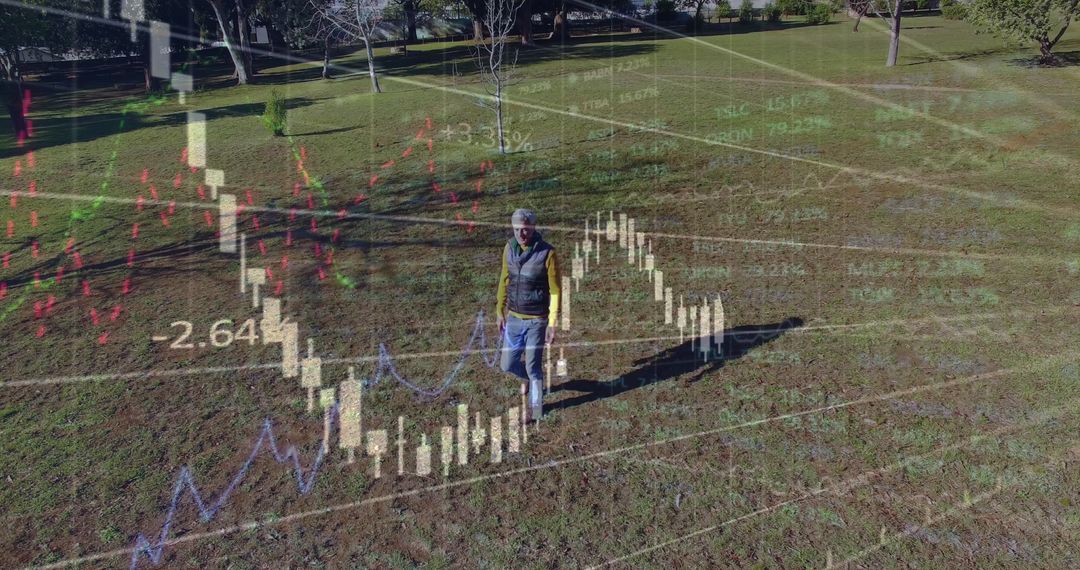 Financial Data Overlay on Man Walking in Park Setting