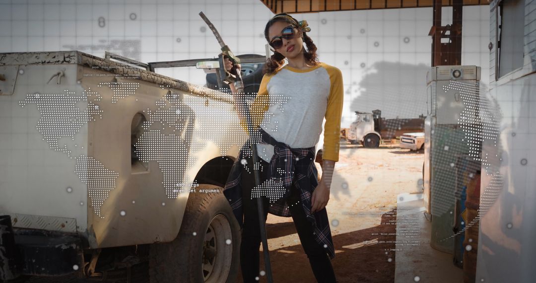 Confident Woman Refuels Car with Digital World Map Overlay