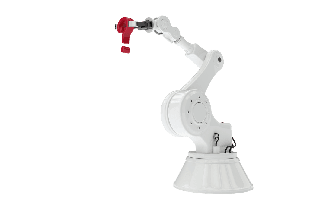 Transparent Robotic Arm Grips Vibrant Red Question Mark