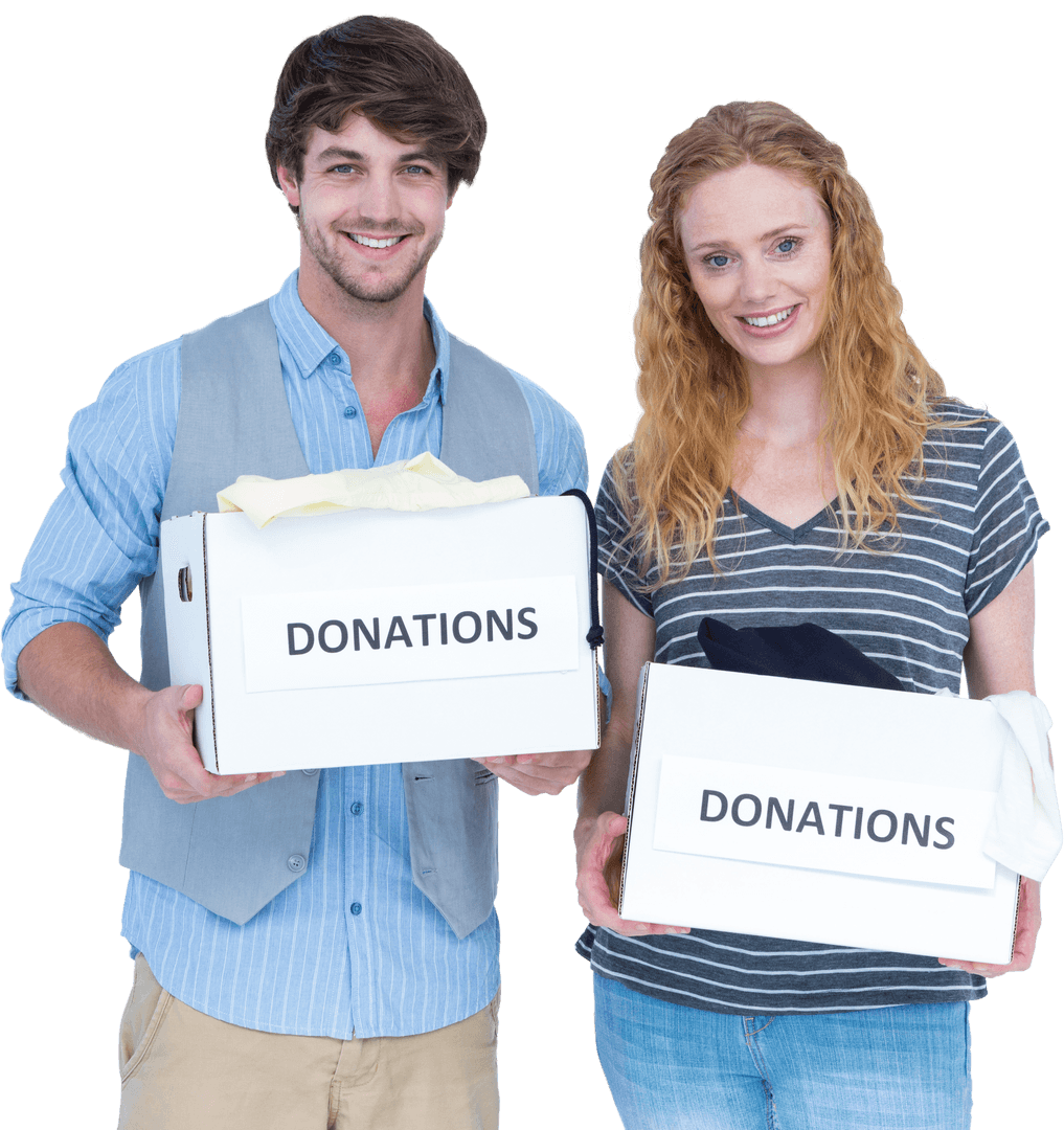 Young Couple Smiling Holding Charity Donation Boxes Transparent Background