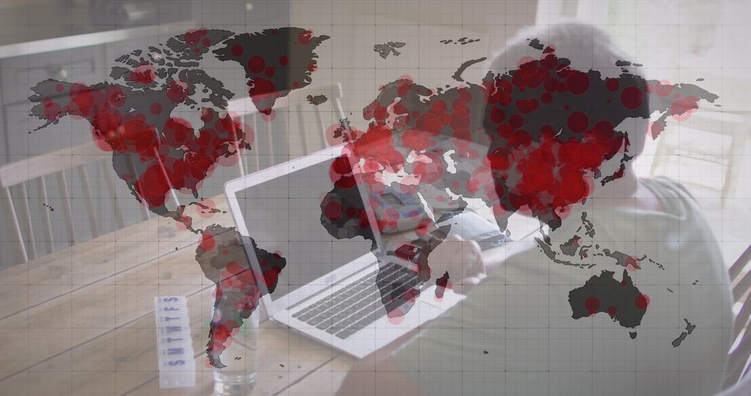 World Map Overlay with Senior Man Video Calling on Laptop