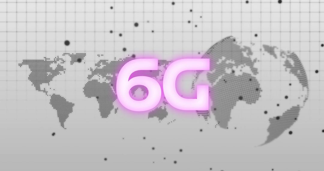 Glowing Neon 6G Over Halftone World Map and Digital Grid for Global Connectivity