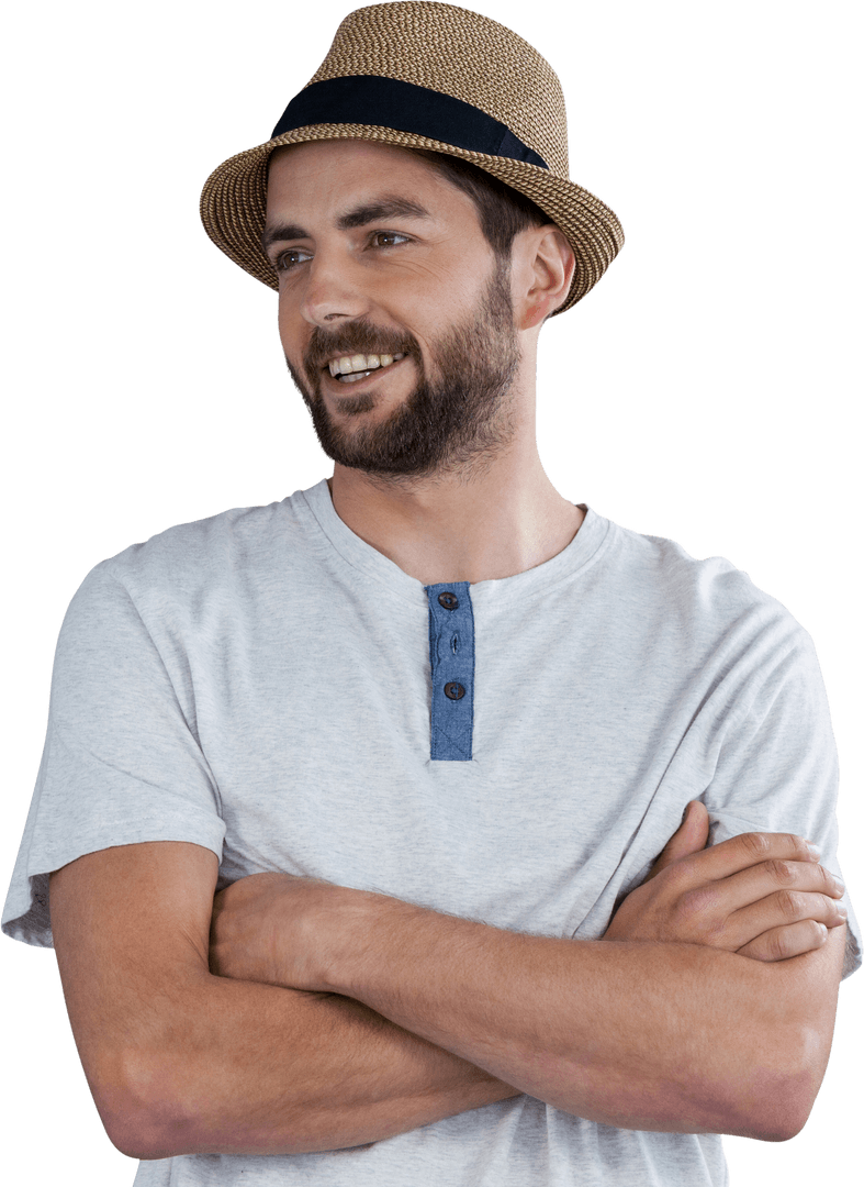 Smiling Man with Straw Hat on Transparent Background