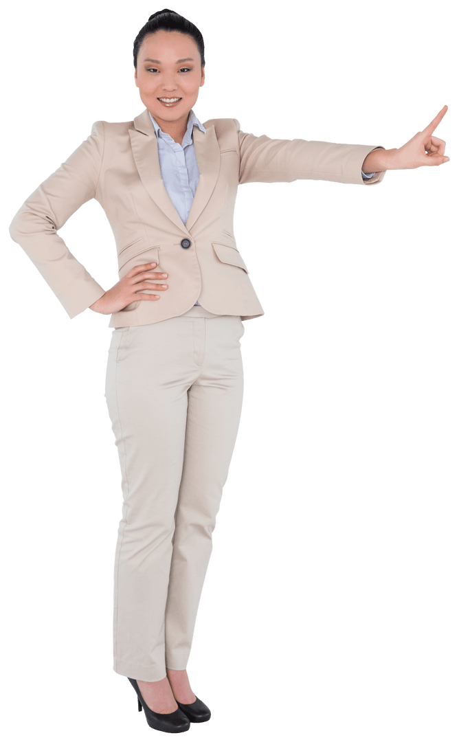 Asian Businesswoman Pointing Up on Transparent Background