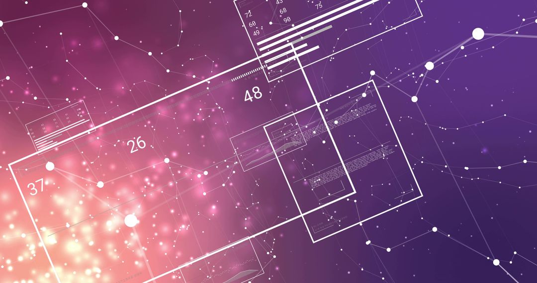 Displaying futuristic data interface with wireframe panels, network nodes, neon gradient
