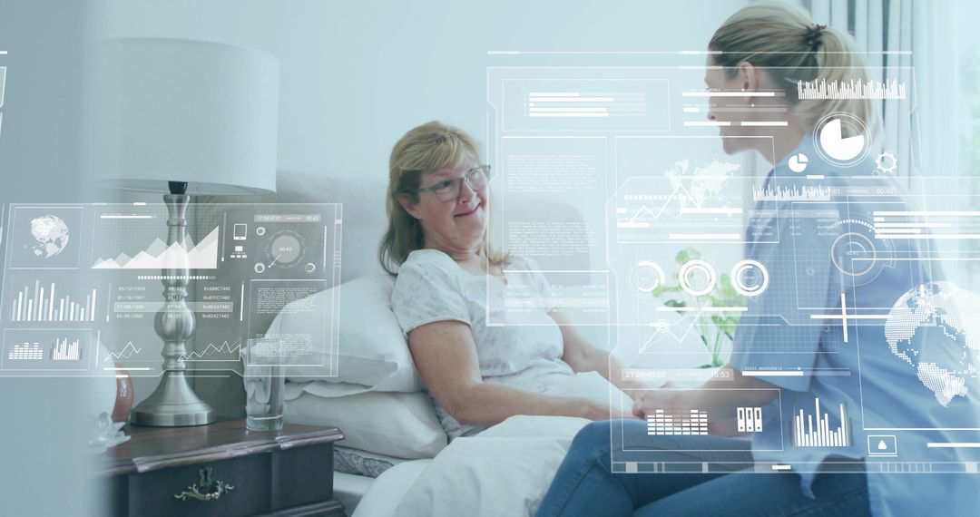 Caregiver Analyzing Digital Data Points Beside Patient in Bedroom