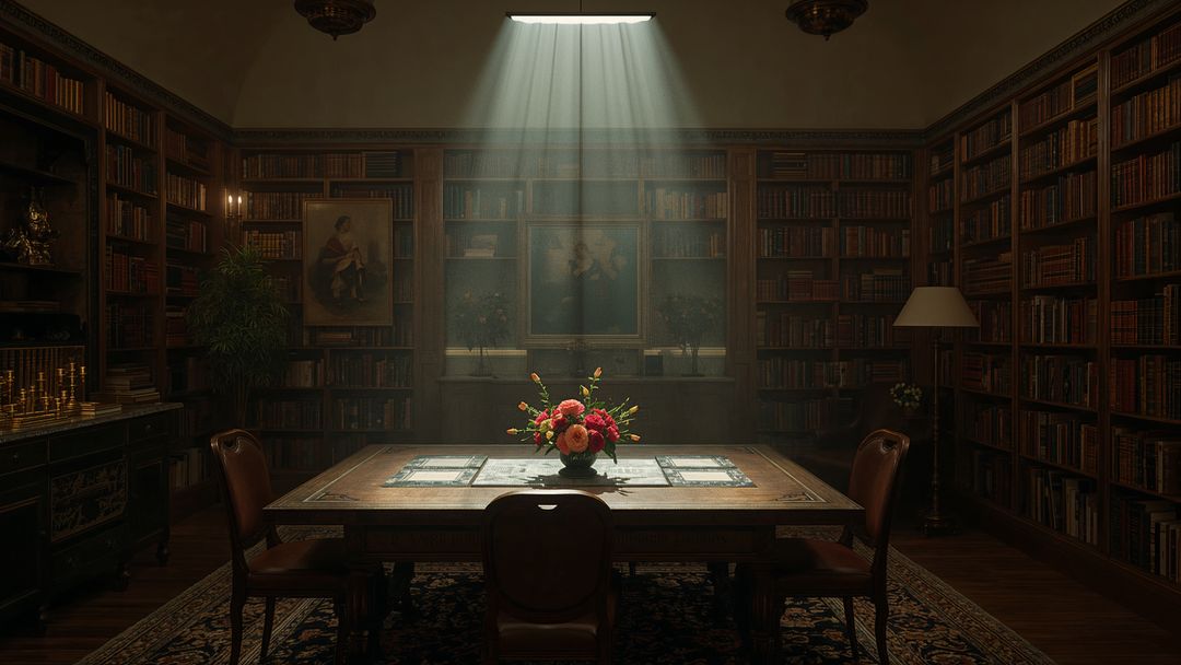 Elegant Home Library with Wooden Table and Floral Centerpiece