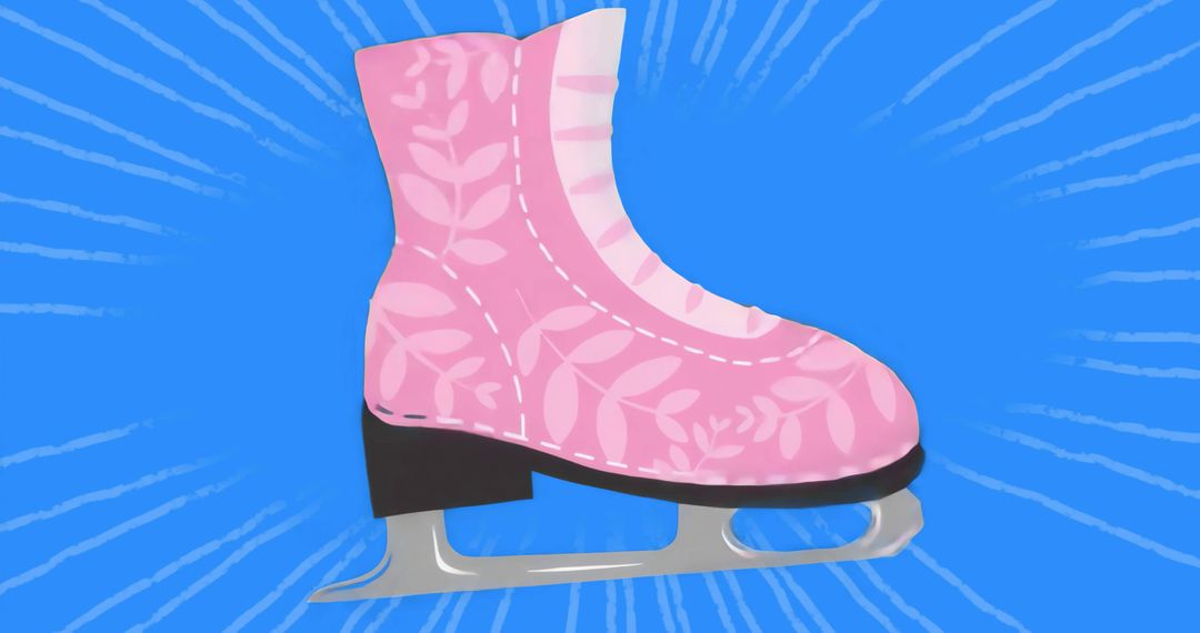 Pink Figure Skating Boot with Leaf Motif on Vibrant Blue Background