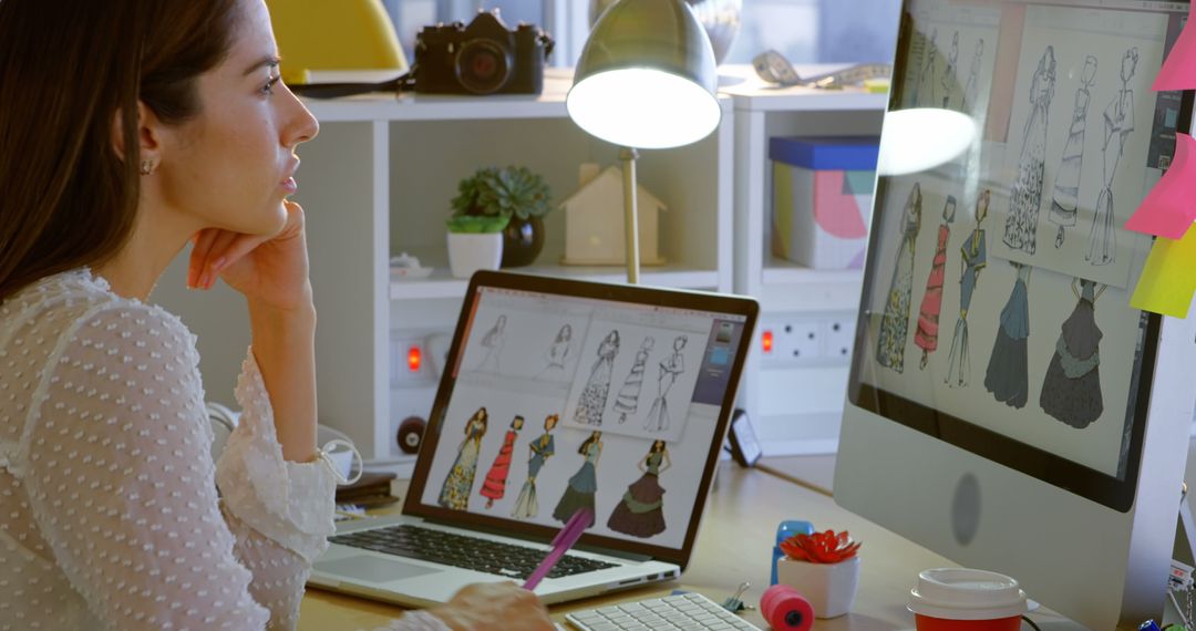 Fashion Designer Sketching Dresses in Creative Studio Workshop