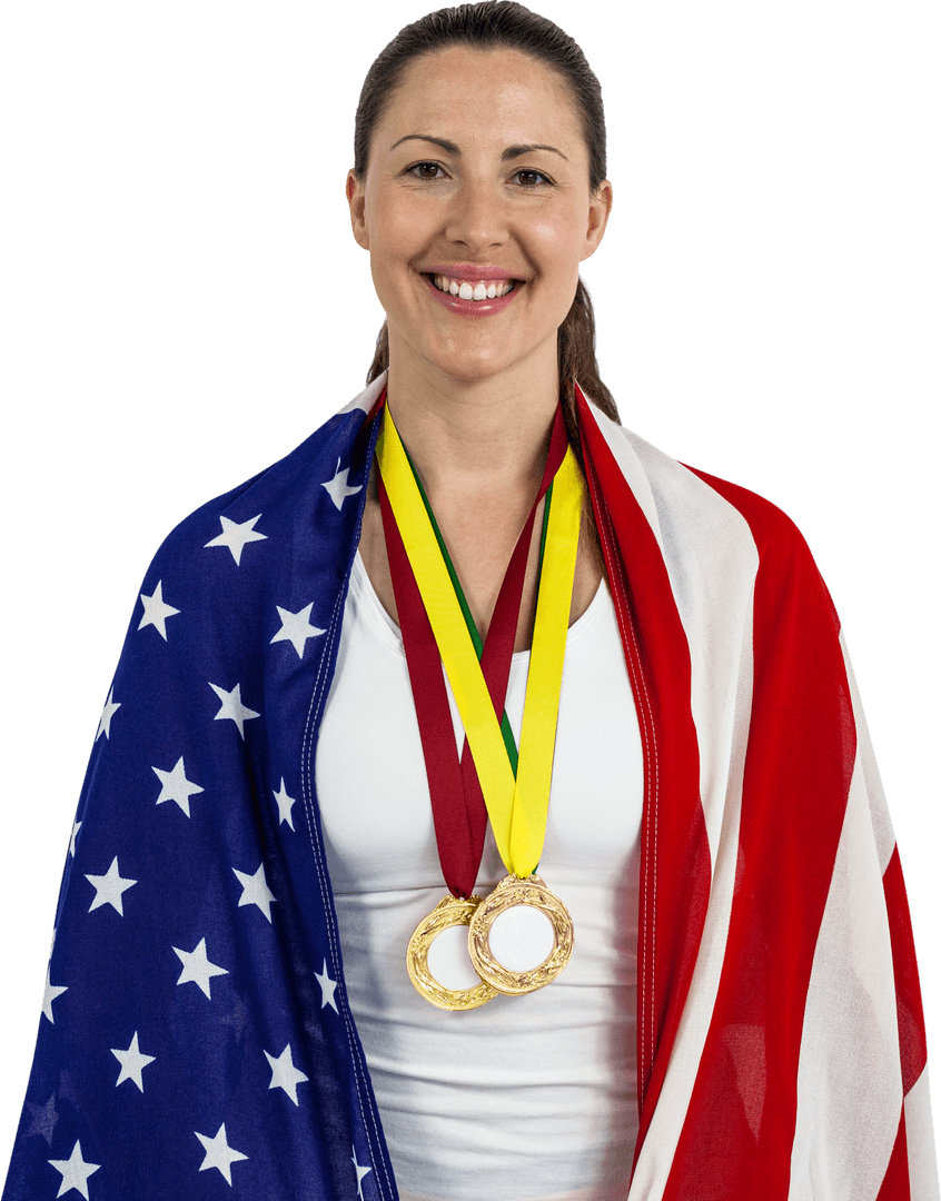 Proud Athlete Wrapped in American Flag with Medals Transparent Background