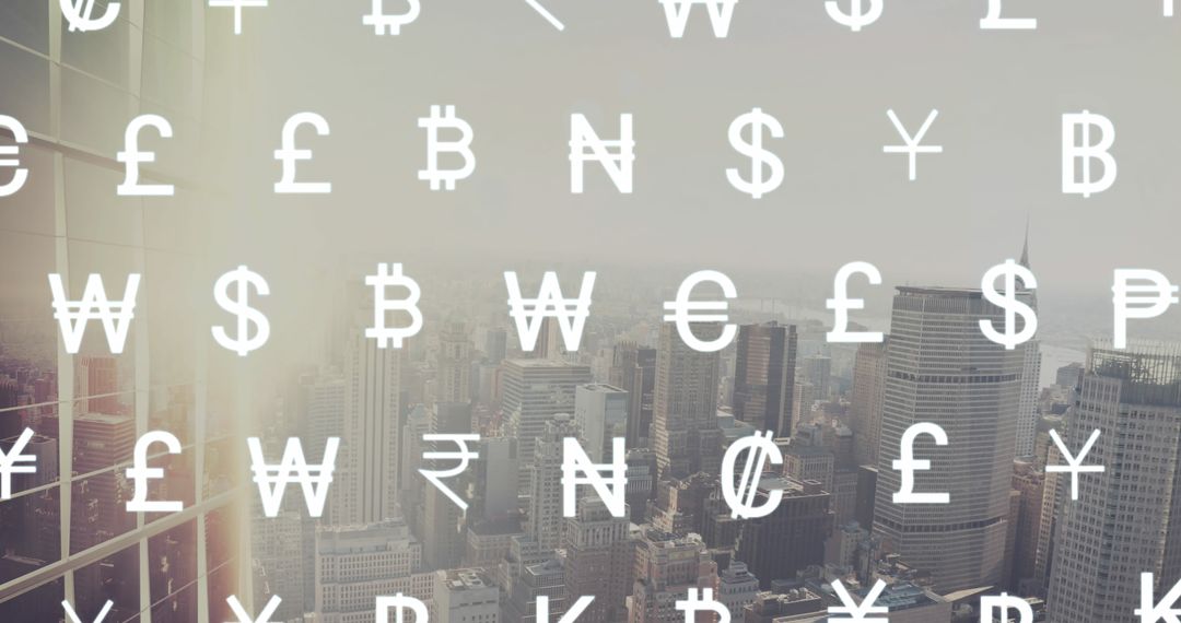 Currency Symbols Overlay with Cityscape Background