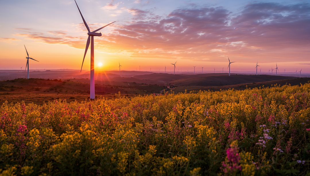 Wind Turbines at Sunset Over Flowered Hillside Landscape