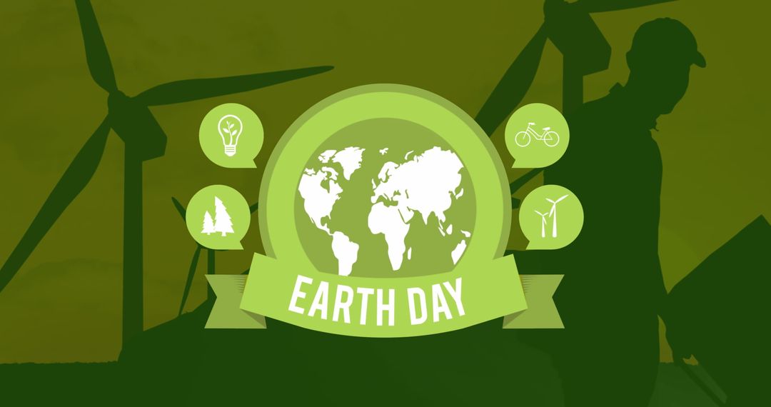 Earth Day Globe with Wind Turbines and Green Icons