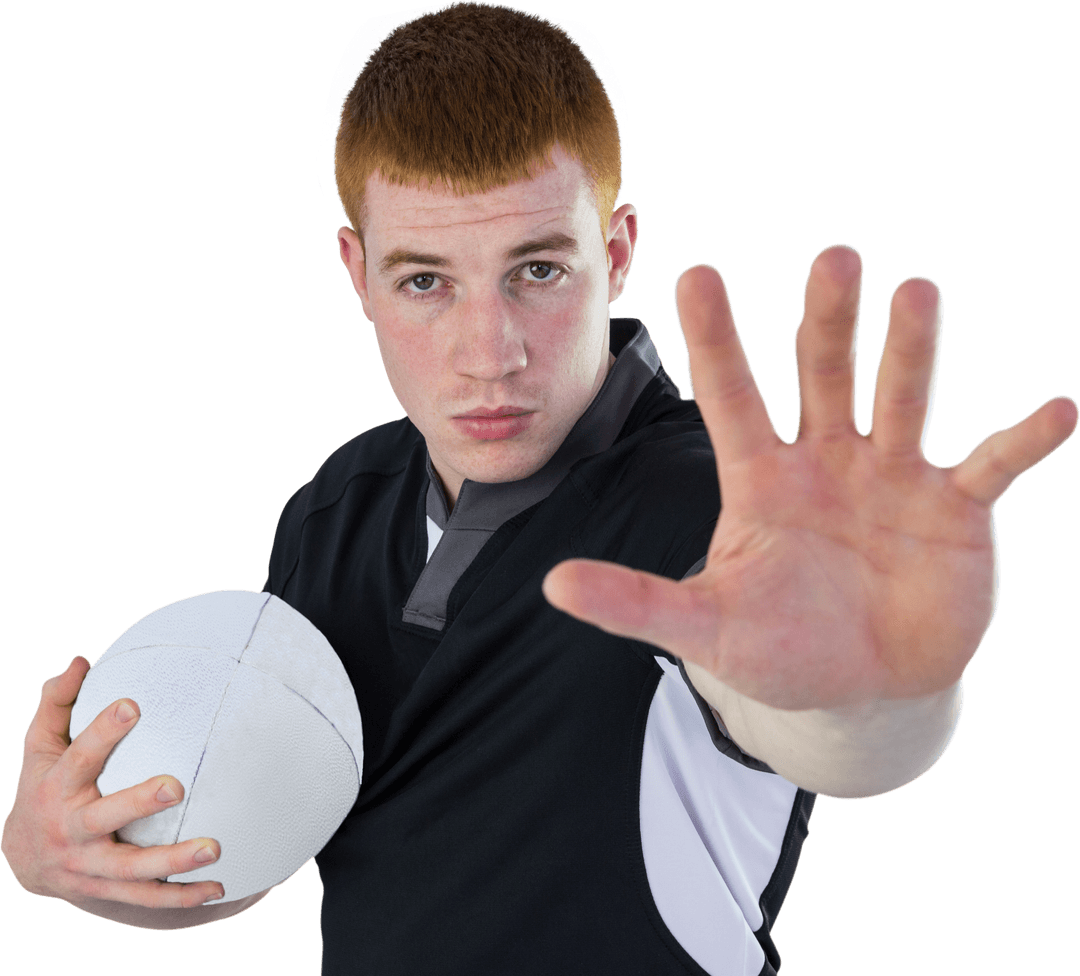 Transparent Rugby Player Signaling Stop with Ball