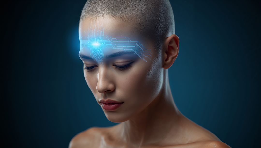 Futuristic Asian woman showing glowing forehead circuit and neural interface closeup