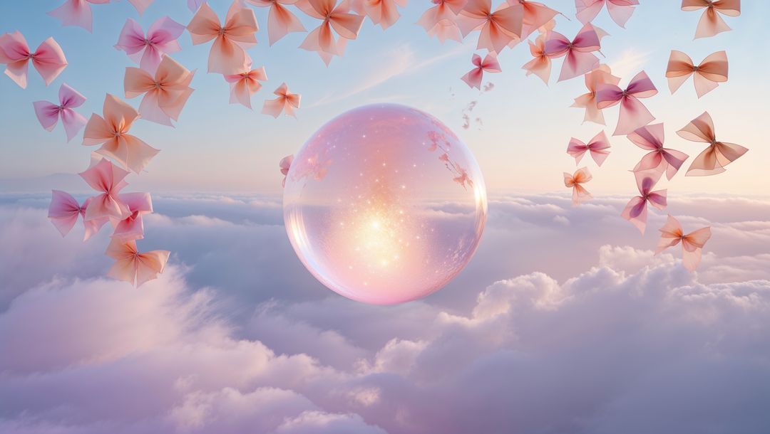 Surreal dawn serenity with ethereal sphere and floating ribbon bows