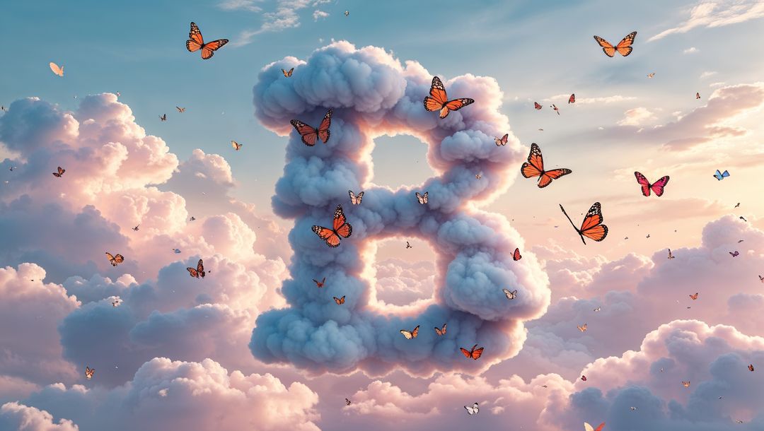 Ethereal letter b cloud formation with butterflies floating in sky