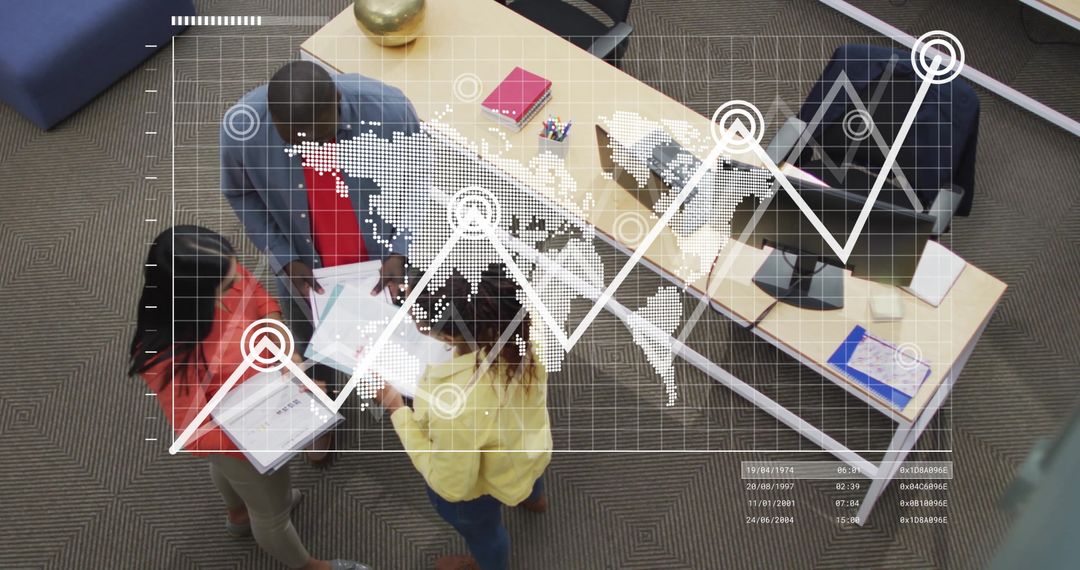 Business Team Discussing Data Insights with Innovative Overlay
