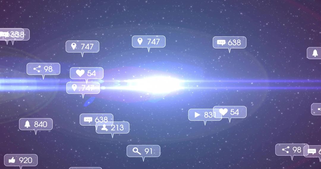 Floating Social Media Notification Bubbles Pulsing Over Starfield with Neon Lens Flare