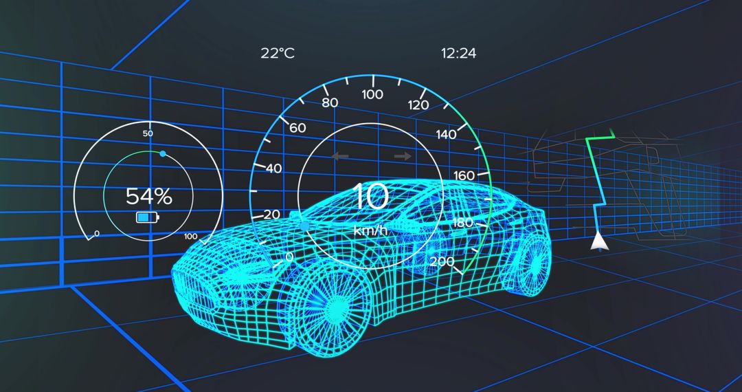 Futuristic Wireframe Car with Virtual Interface in Digital Lab