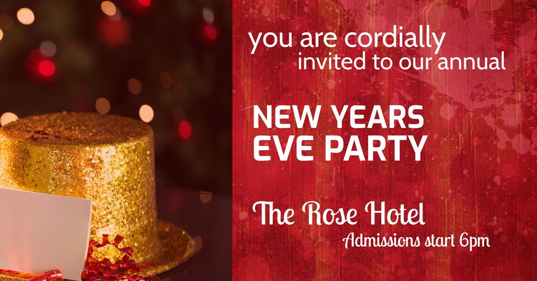 Festive New Year Party Invitation with Glittering Gold Cake