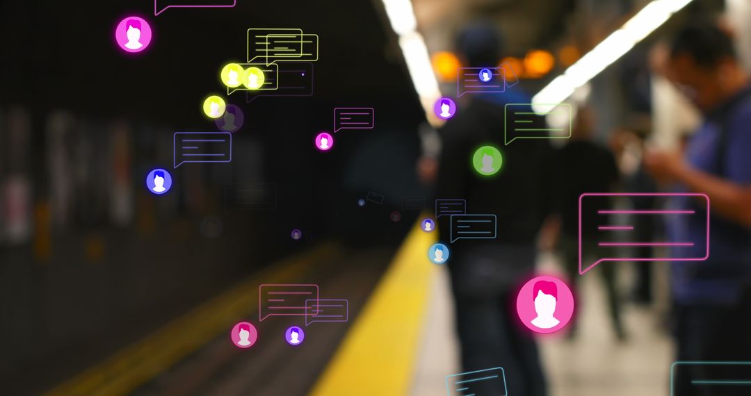 Blurry Train Station with Social Media Interaction Graphics
