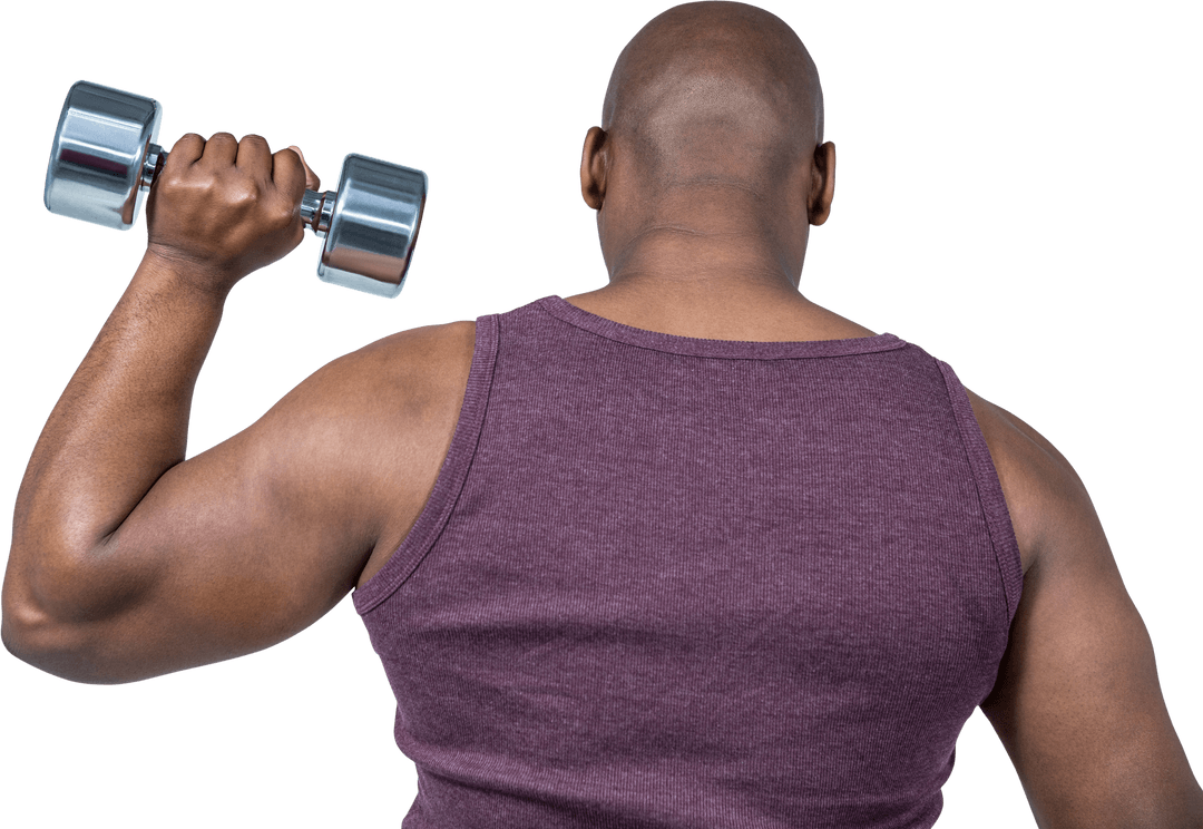 Man Exercising with Dumbbell Wearing Purple Tank Top Transparent Background