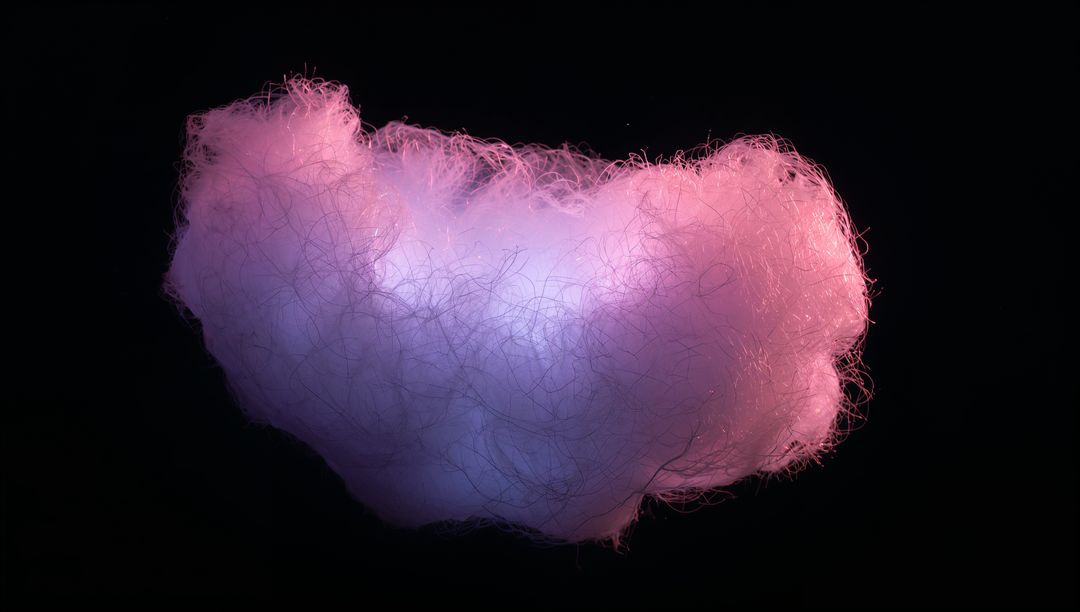 Floating luminescent fibrous cloud glowing pink and purple with wispy filaments
