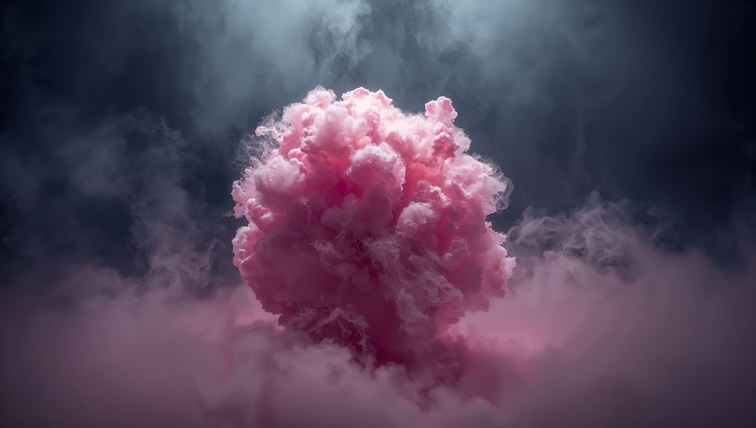Rising sculptural pink smoke plume filling dark studio with moody fog and ethereal vapor