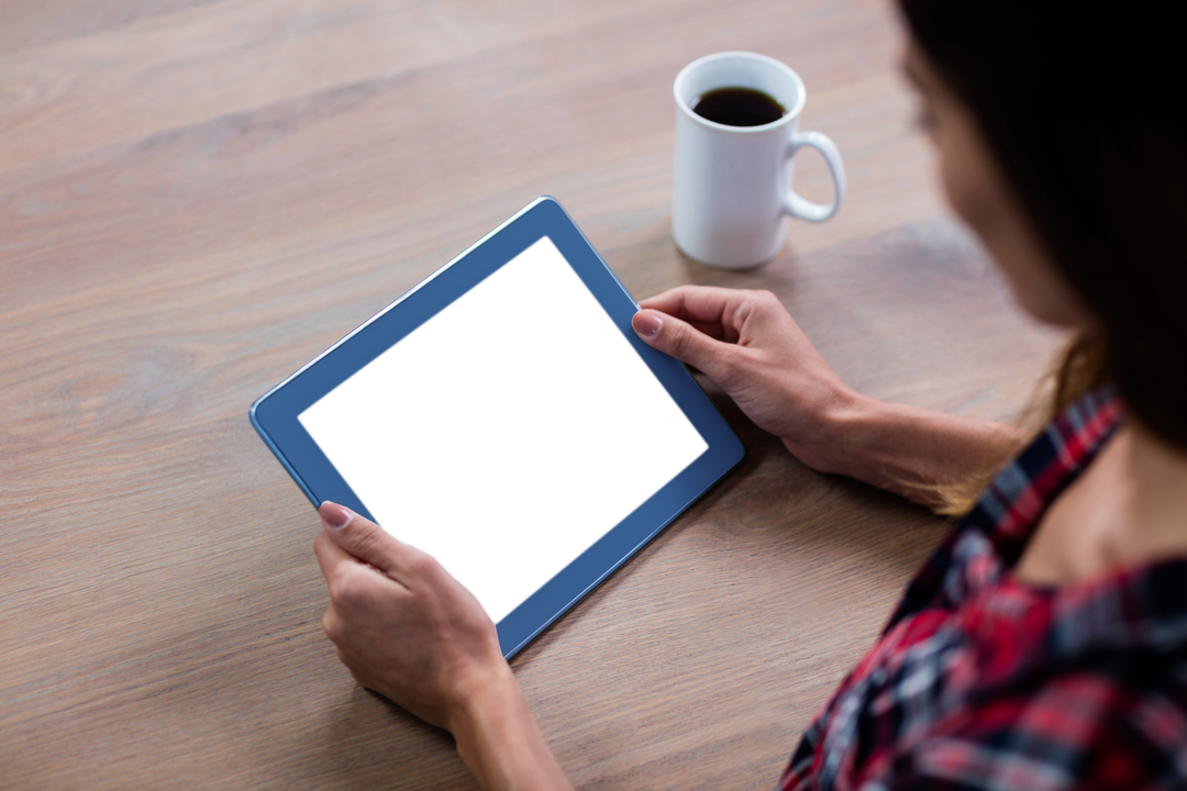 Transparent Screen Tablet with Coffee on Wooden Desk, Woman Holding - Download Free Stock Images Pikwizard.com