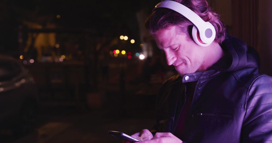 Man Listening to Music with Headphones at Night in City - Free Images, Stock Photos and Pictures on Pikwizard.com