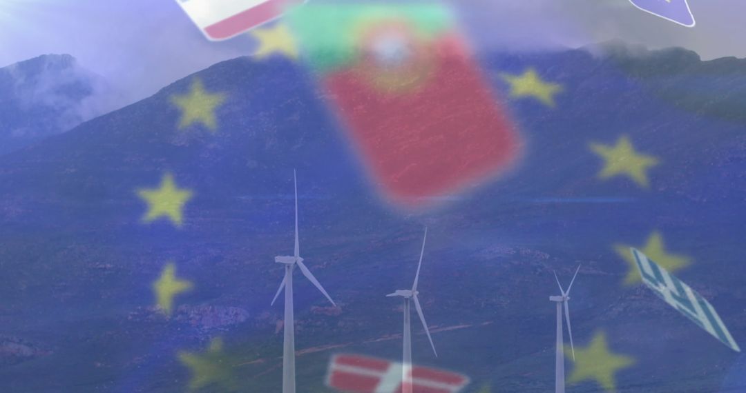 Wind Turbines and EU Flag Illustrating Global Renewable Energy Cooperation