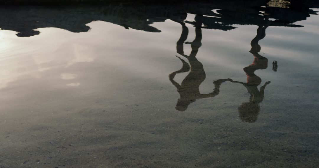 Reflection of Couple Walking on Beach in Rippling Water