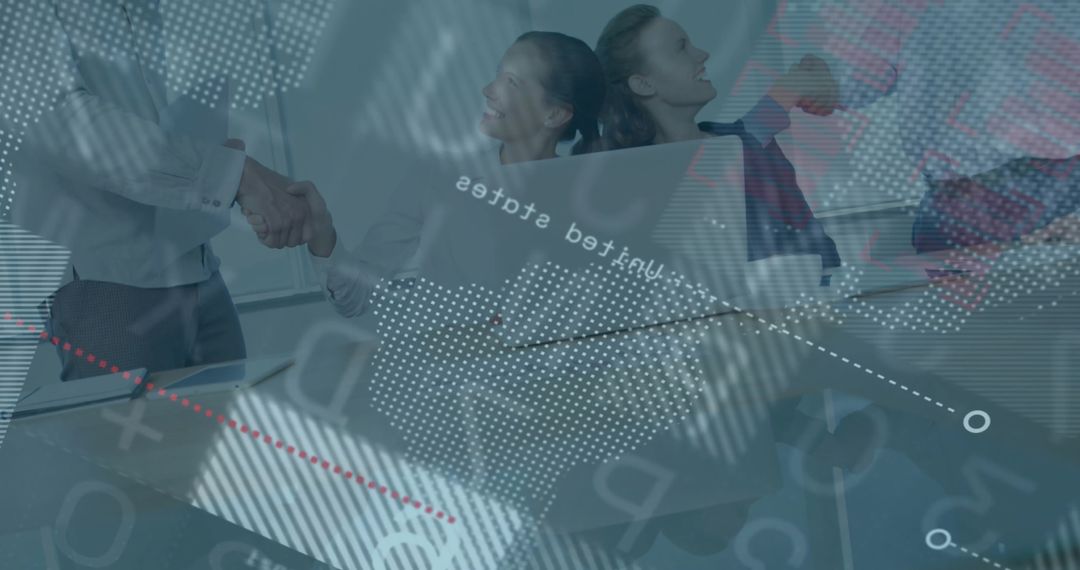 Business Colleagues Engaging in Handshake amidst Global Map Overlay