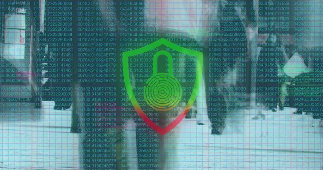 Shield Security Graphic in Office Hallway with Digital Code Overlay