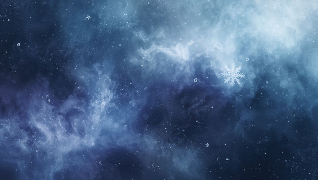 Ethereal Blue Nebula with Falling Ice Particles and Prominent Snowflake Accent for Winter