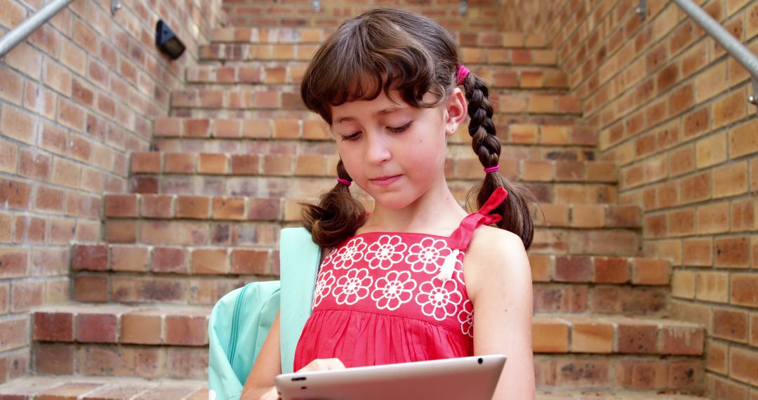 Schoolgirl Using Tablet on Stairs in Educational Environment - Free Images, Stock Photos and Pictures on Pikwizard.com