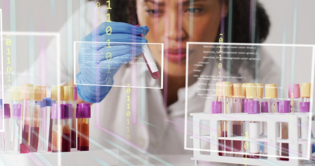 Scientist Analyzing Blood Samples with Digital Data Overlay