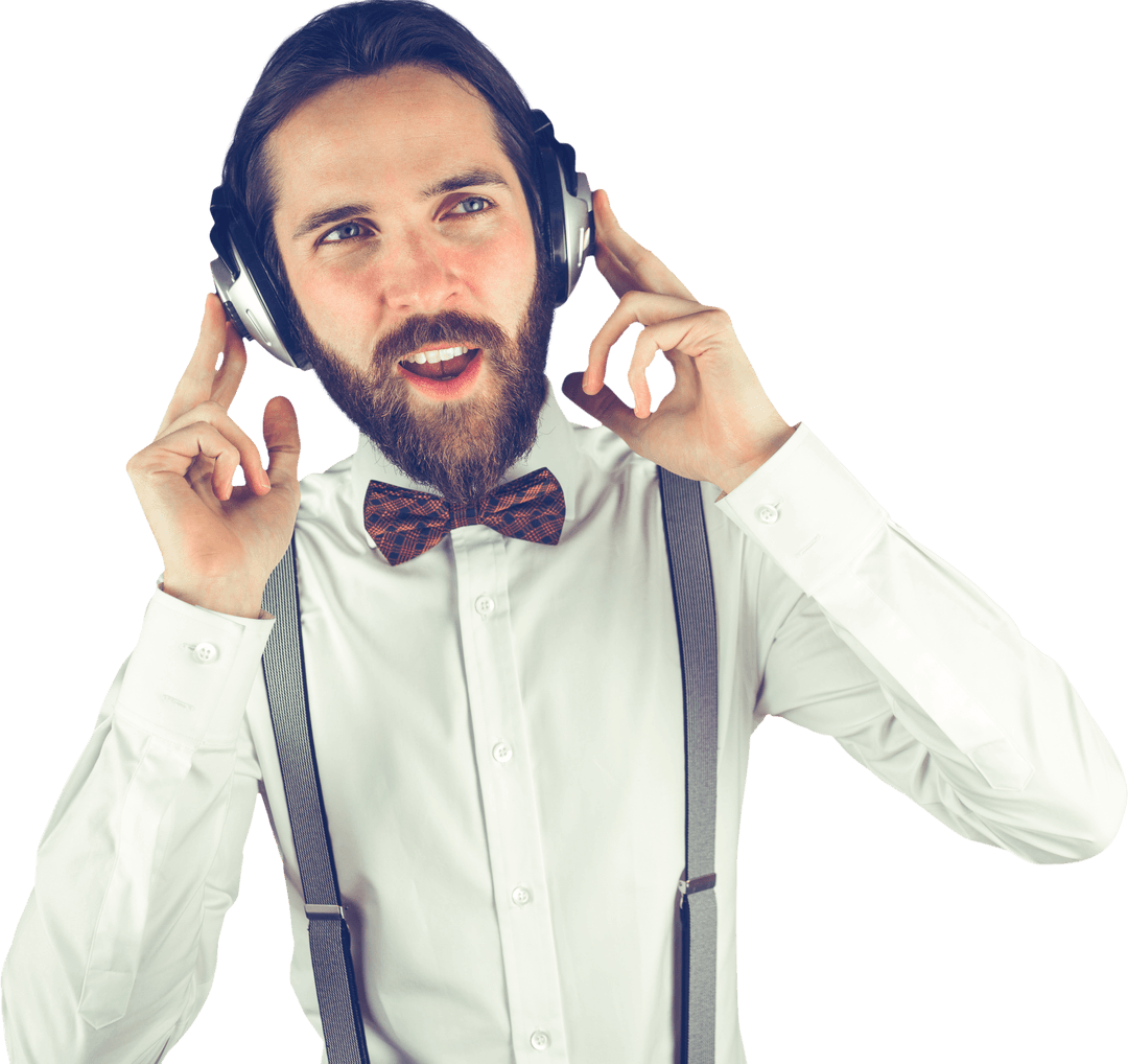 Bearded Man Enjoying Music with Headphones Transparent Background