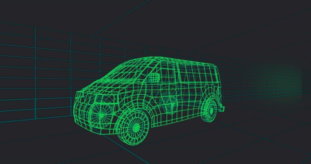 Futuristic Wireframe Van Model in Virtual 3D Space