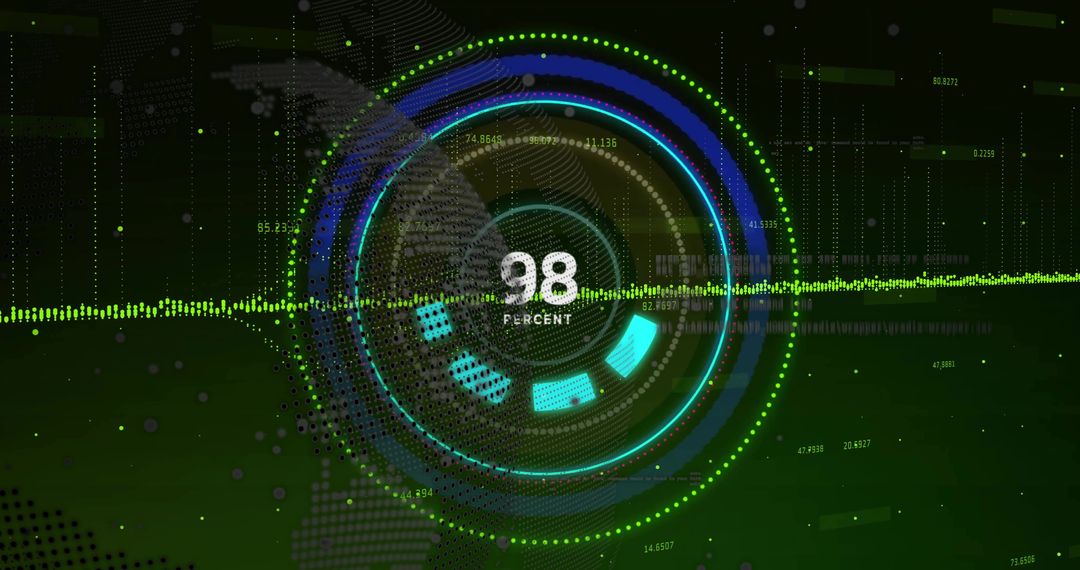 Pulsing neon HUD interface displaying 98 percent circular data dashboard with dynamic arcs
