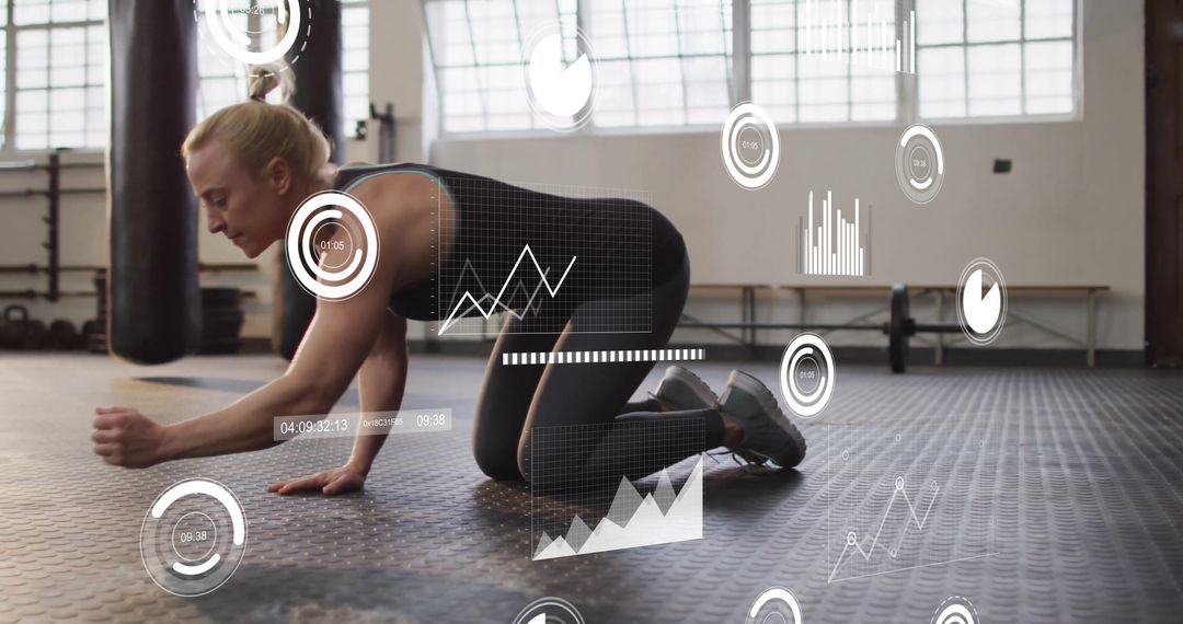 Woman Exercising with Virtual Data Overlay in Gym