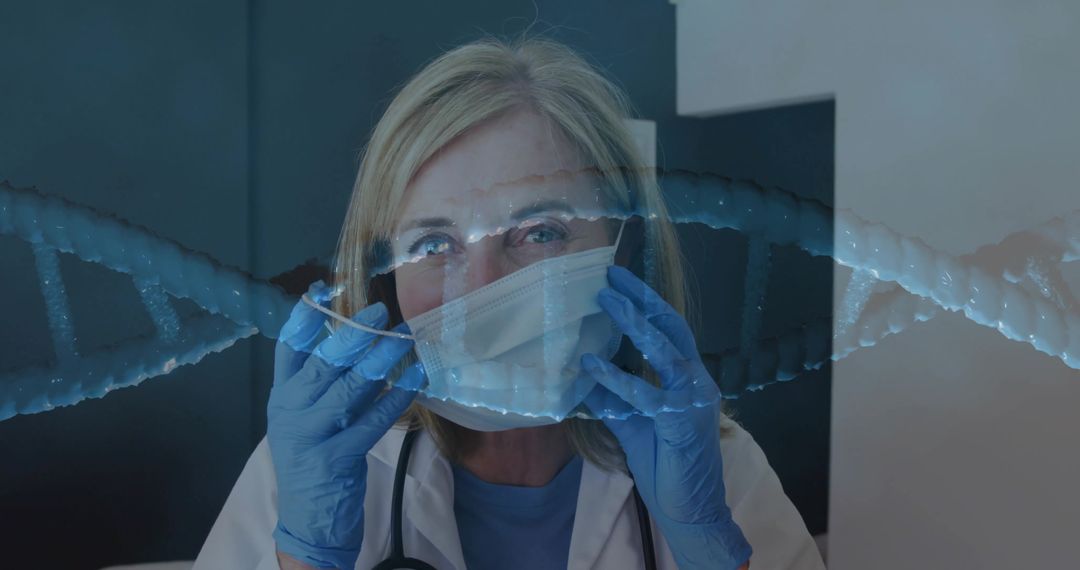 Physician adjusting mask with blue nitrile gloves, DNA helix overlay for genomic medicine