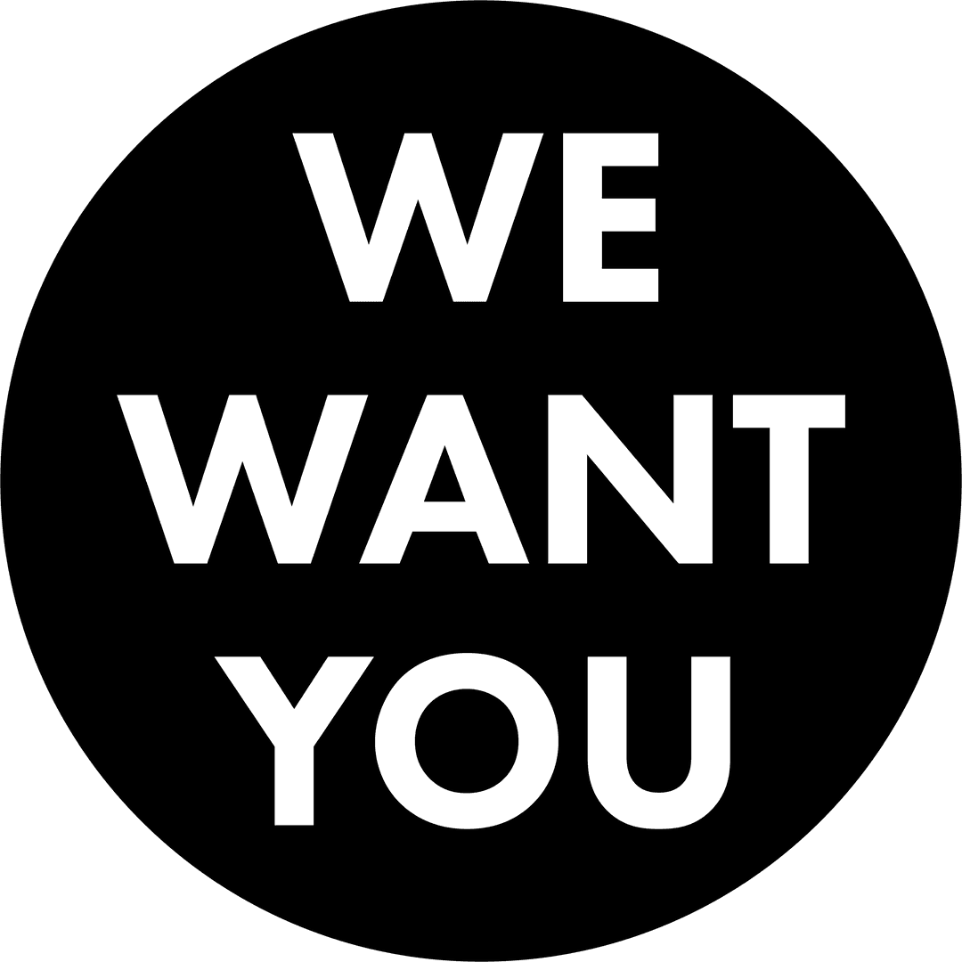 Black Circle Badge with We Want You Text on Transparent Background