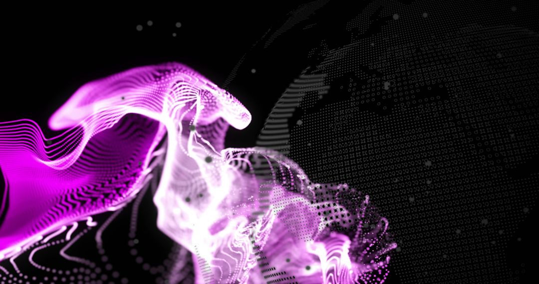 Neon Purple Data Wave Flowing Over Dotted Digital Globe, Futuristic Visualization