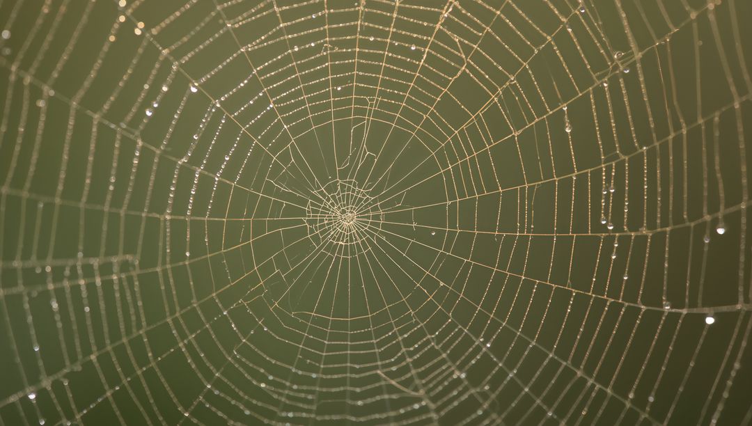 Glistening Orb Web with Dew Drops, Macro Closeup of Radial Silk Lacework