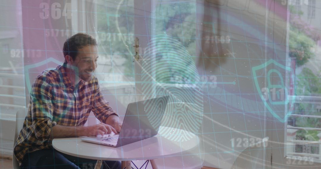 Remote Work: Man at Laptop with Digital Security Overlay