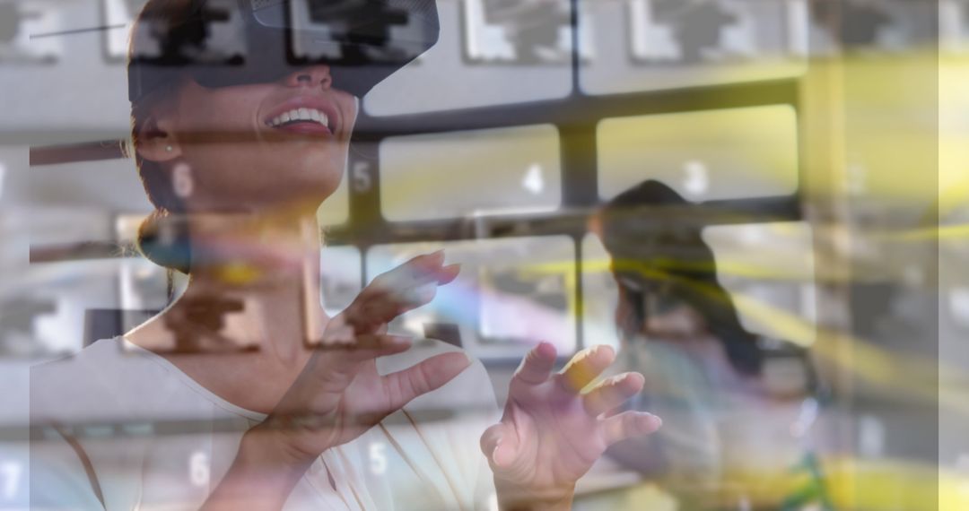 Woman Engaging with Virtual Reality Amidst Digital Interface