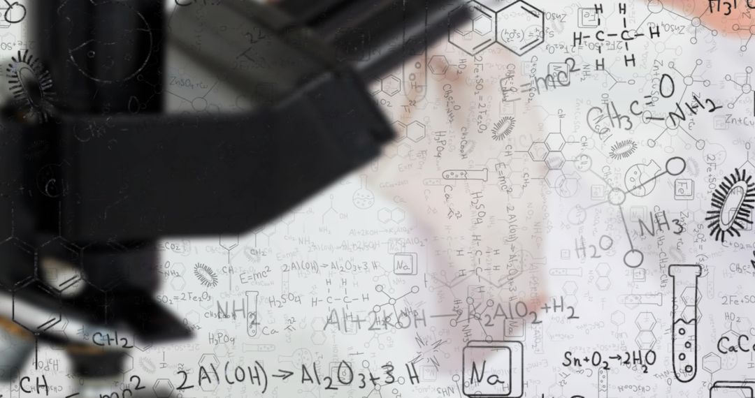 Scientist Working with Microscope Overlaid by Chemical Structures